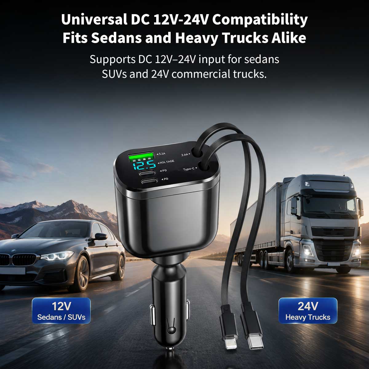 120W 5-in-1 Retractable Car Charger – 70cm Dual Cables, 30W USB-C PD | Traverseon