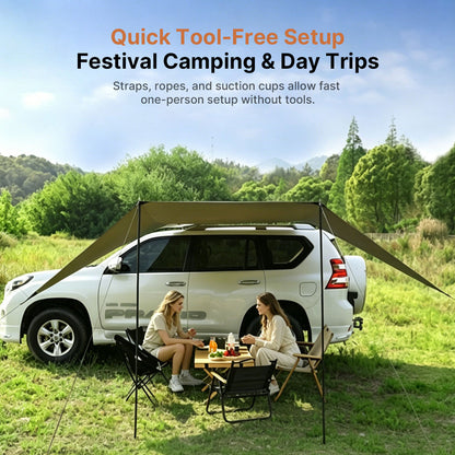 SideMount Dual-Use Car Awning — 2-in-1 Rear & Side Setup, Windproof Stable, All-Weather Portable | Traverseon