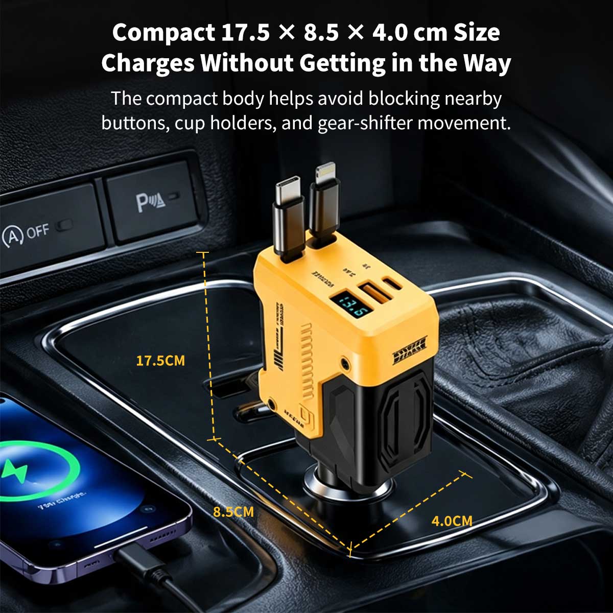120W 4-in-1 Retractable Car Charger – 70 cm Dual Cables Fast Charge | Traverseon