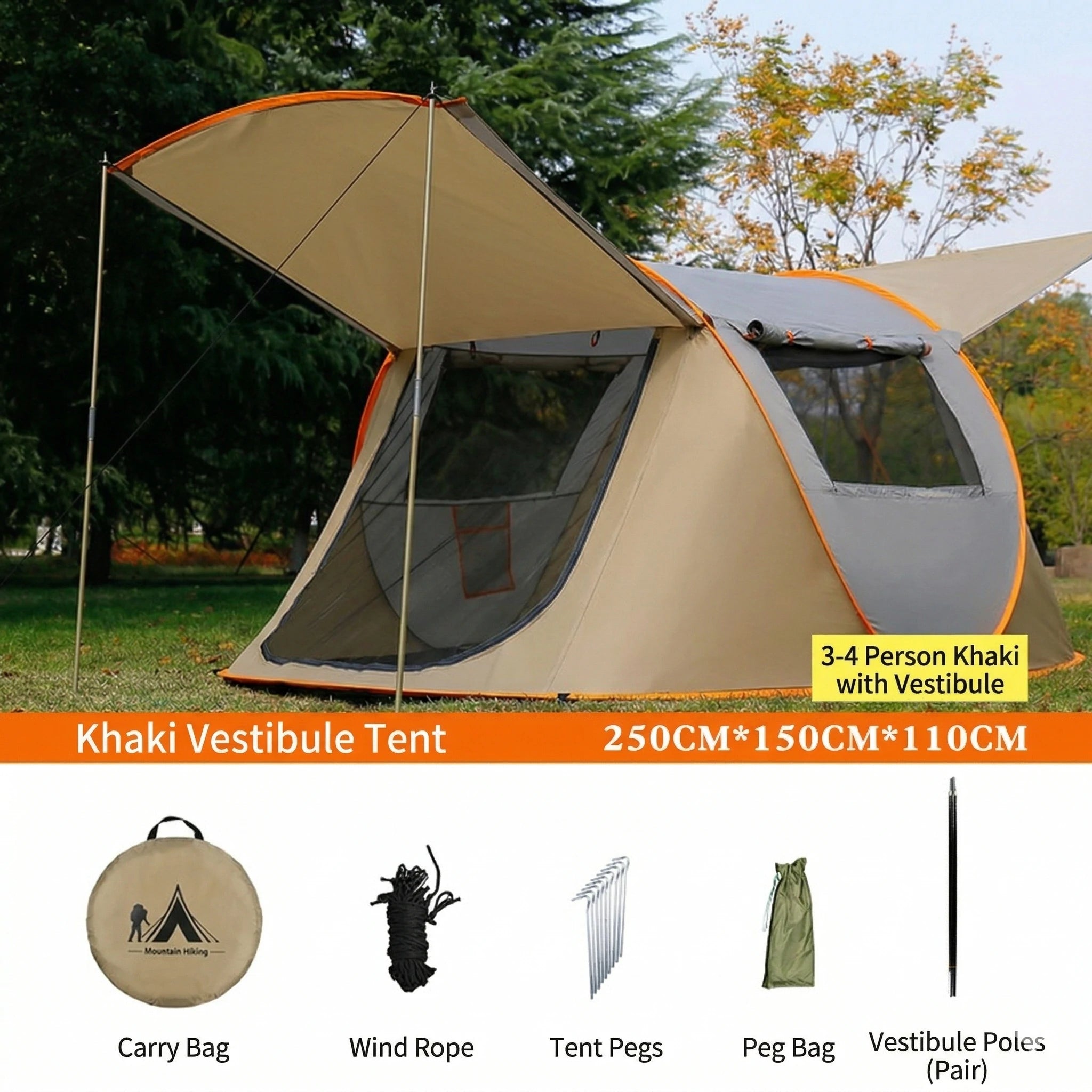 Automatic Pop-up Camping Tent – 3-8 Person Waterproof Instant Setup Shelter with Porch | Traverseon
