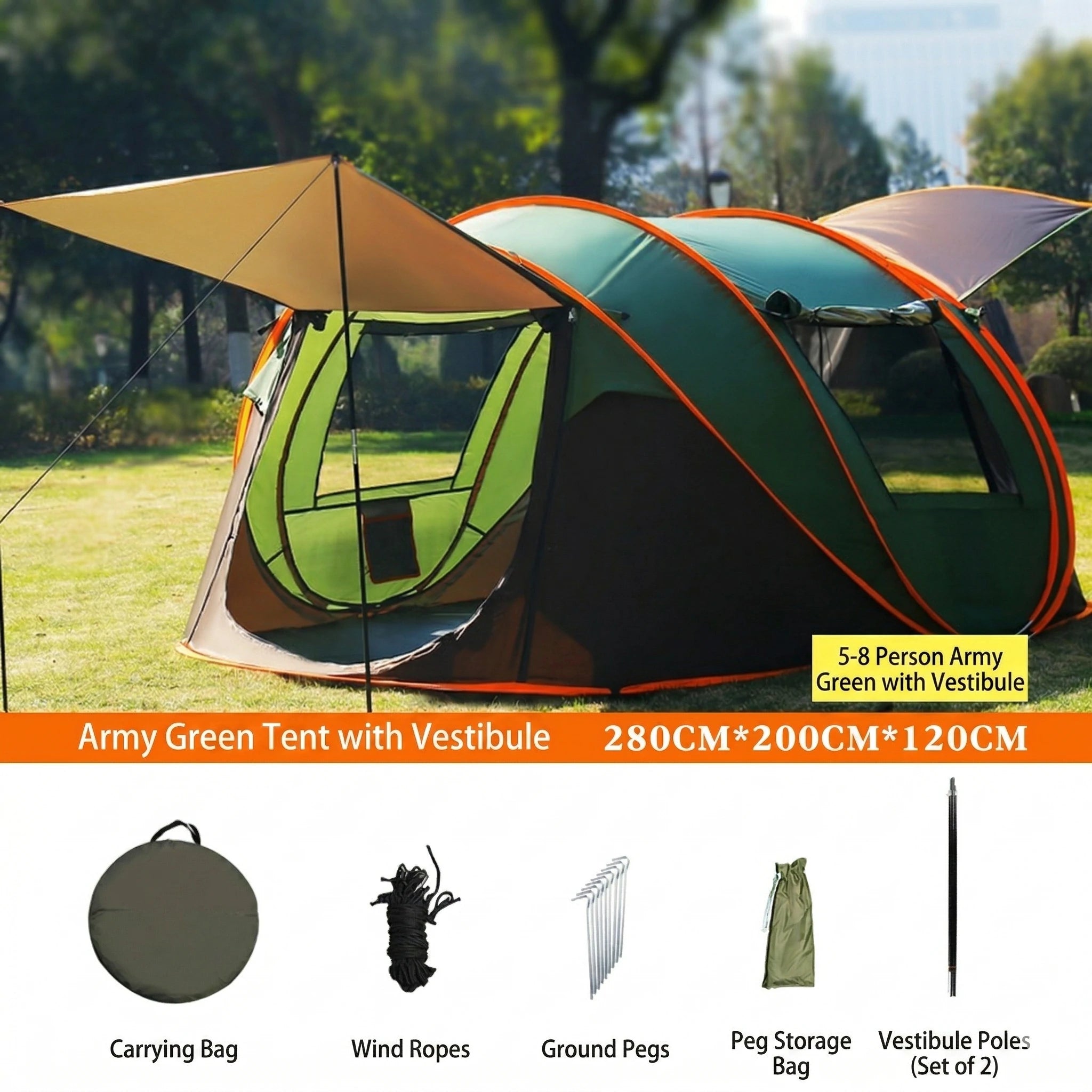 Automatic Pop-up Camping Tent – 3-8 Person Waterproof Instant Setup Shelter with Porch | Traverseon