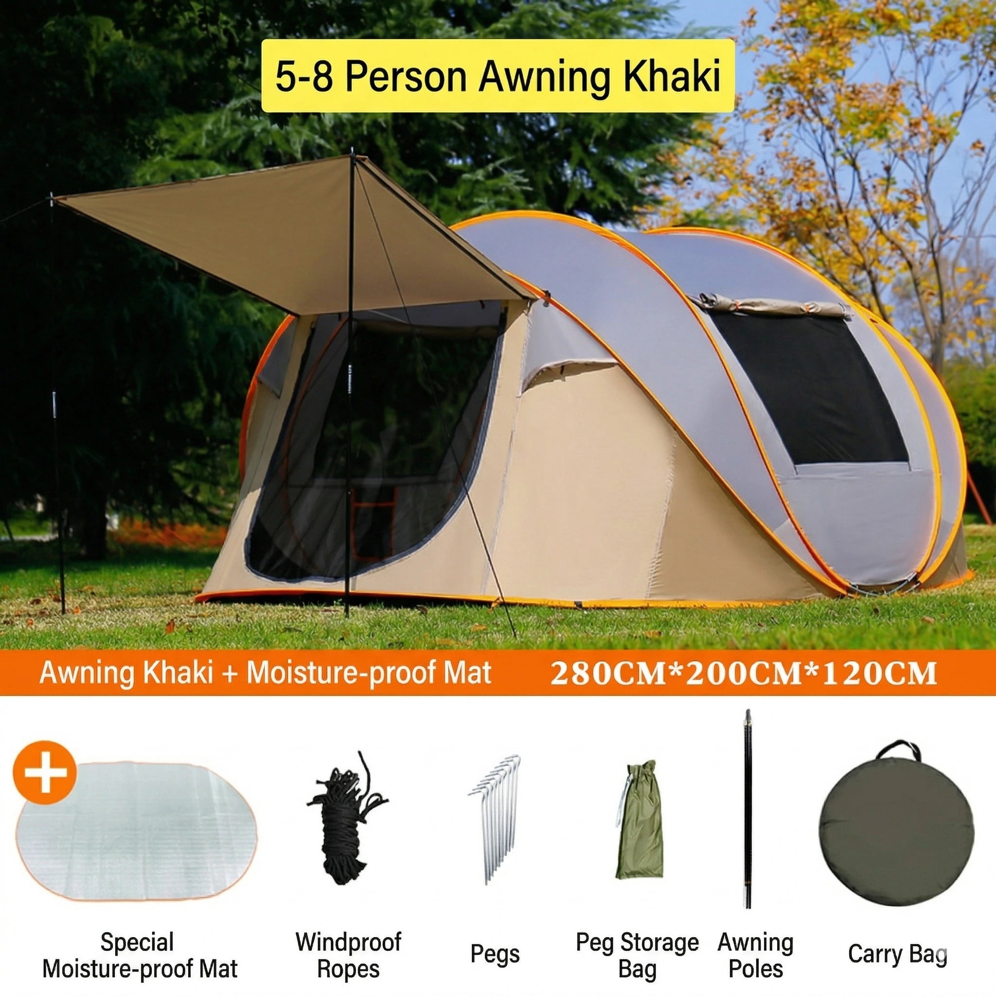 Automatic Pop-up Camping Tent – 3-8 Person Waterproof Instant Setup Shelter with Porch | Traverseon
