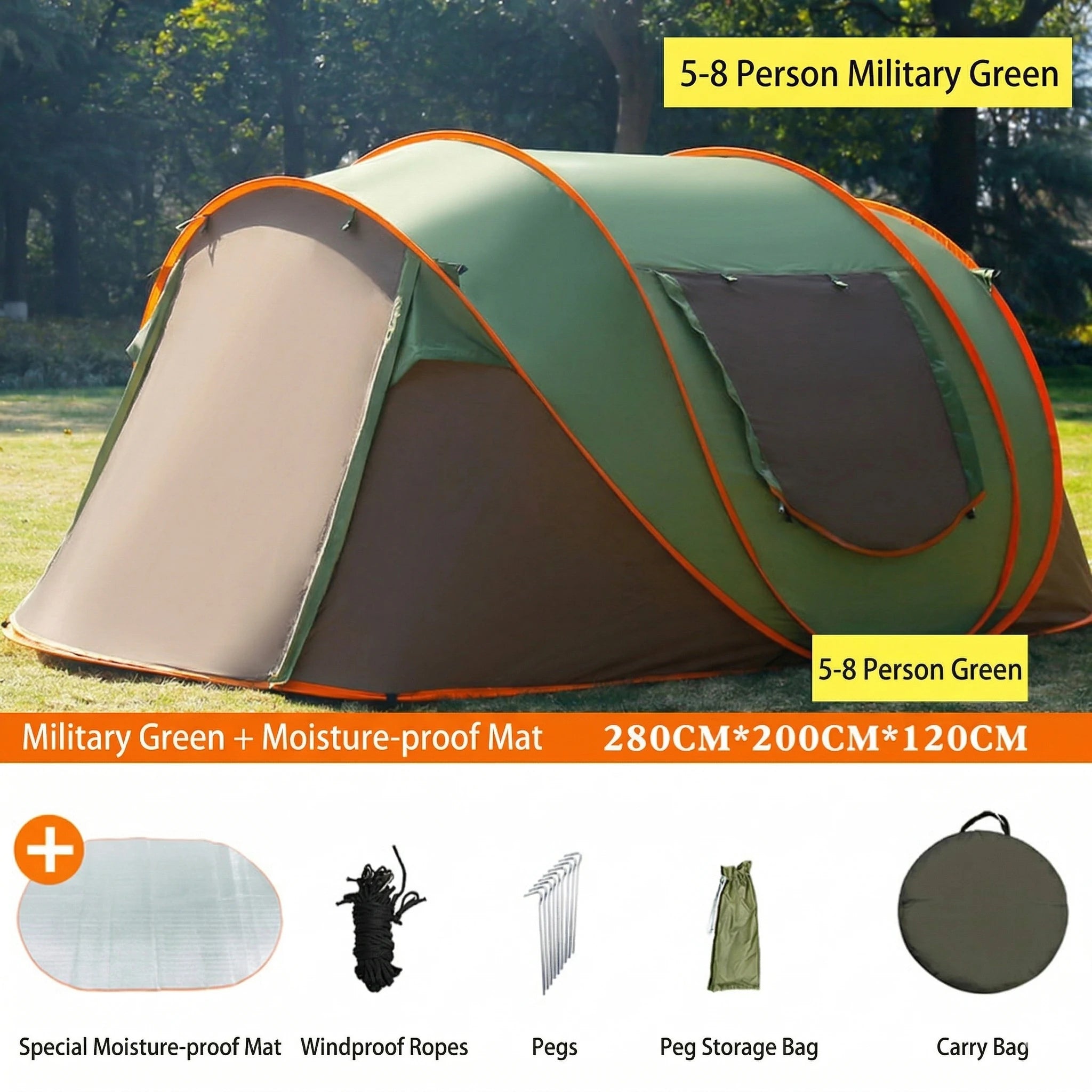 Automatic Pop-up Camping Tent – 3-8 Person Waterproof Instant Setup Shelter with Porch | Traverseon