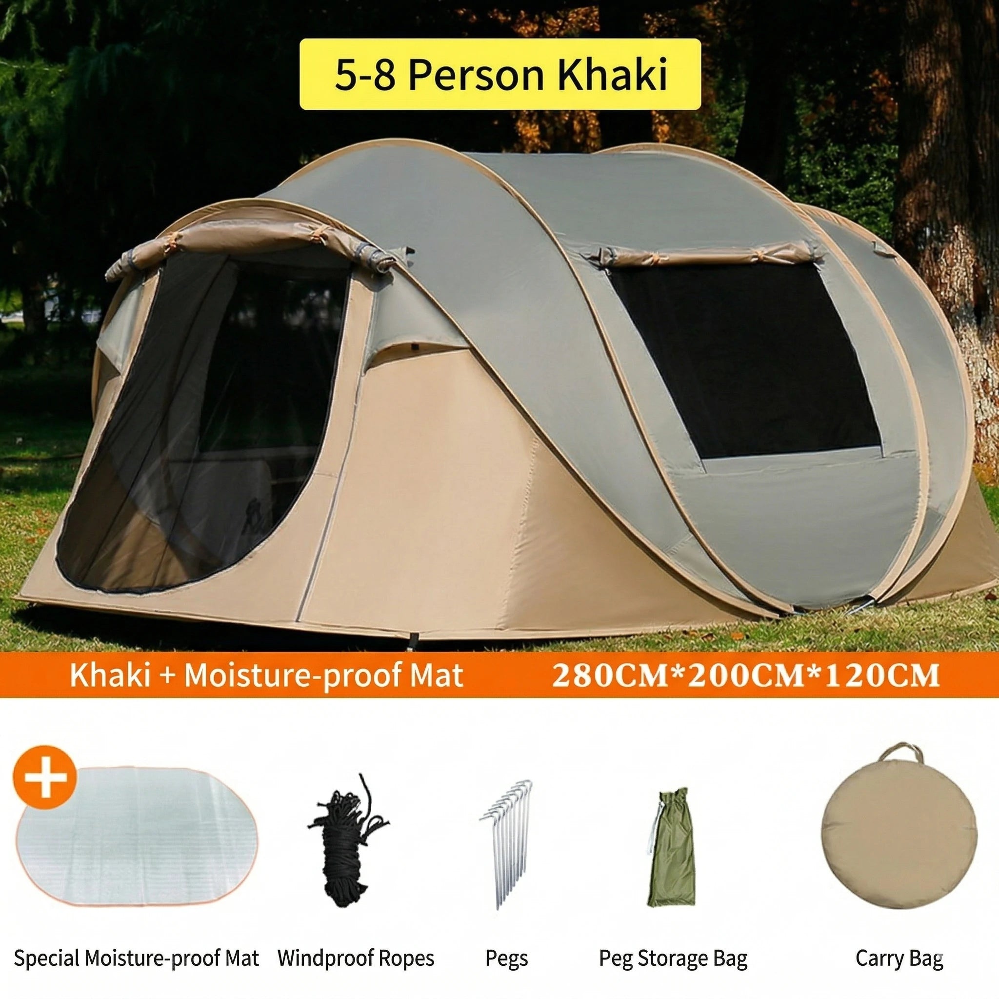 Automatic Pop-up Camping Tent – 3-8 Person Waterproof Instant Setup Shelter with Porch | Traverseon