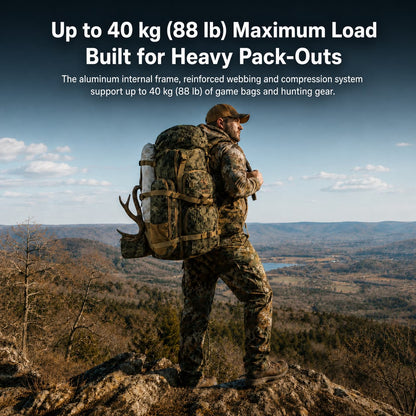 65.5L Camo Framed Hunting Backpack – 88 lb Max Load Meat Hauler | Traverseon