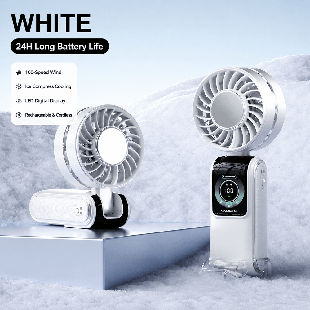 TEC Ice Compress 3-in-1 Handheld Fan - NTC Safe, 100-Speed, LED Digital Display, 3600mAh Portable Cooler|Traverseon