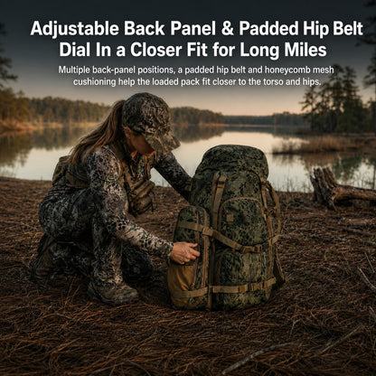 65.5L Camo Framed Hunting Backpack – 88 lb Max Load Meat Hauler | Traverseon