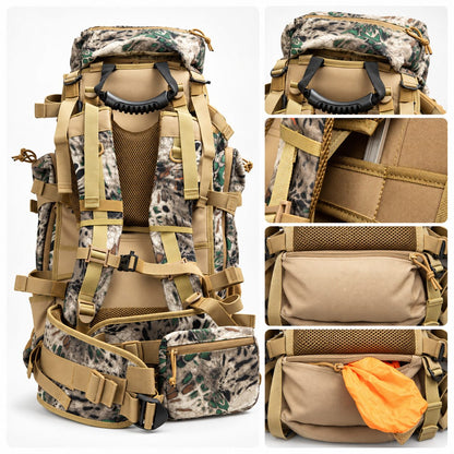 65.5L Camo Framed Hunting Backpack – 40 kg (88 lb) Max Load Meat Hauler | Traverseon