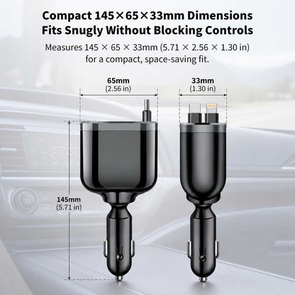 120W 5-in-1 Retractable Car Charger – 70cm Dual Cables, 30W USB-C PD | Traverseon
