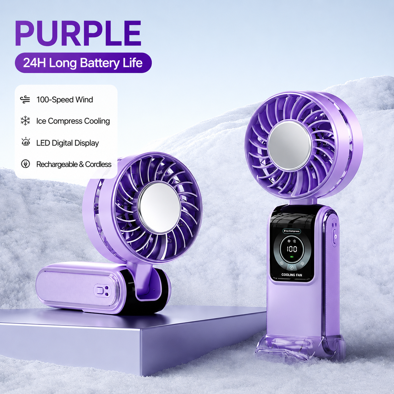 TEC Ice Compress 3-in-1 Handheld Fan - NTC Safe, 100-Speed, LED Digital Display, 3600mAh Portable Cooler|Traverseon