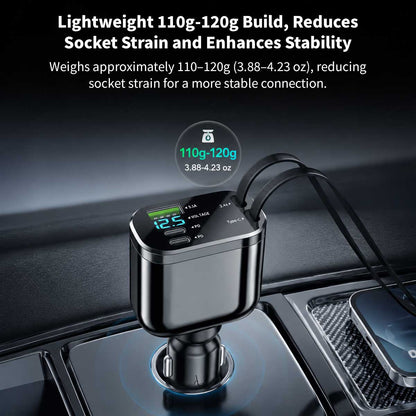 120W 5-in-1 Retractable Car Charger – 70cm Dual Cables, 30W USB-C PD | Traverseon