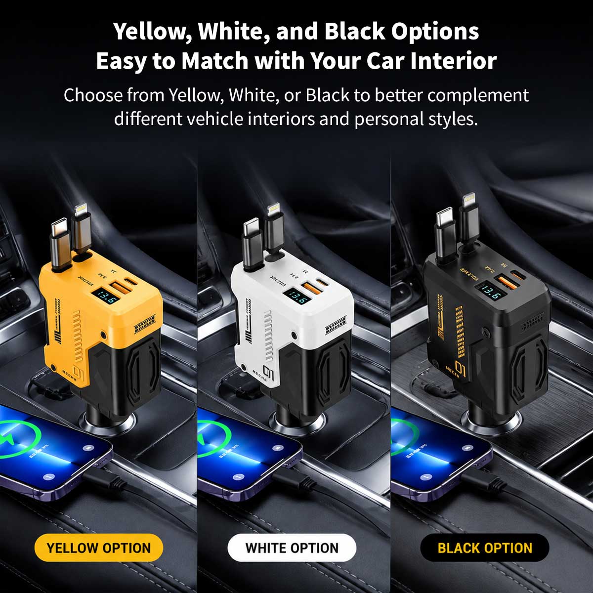 120W 4-in-1 Retractable Car Charger – 70 cm Dual Cables Fast Charge | Traverseon