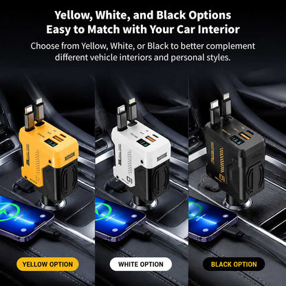 120W 4-in-1 Retractable Car Charger – 70 cm Dual Cables Fast Charge | Traverseon