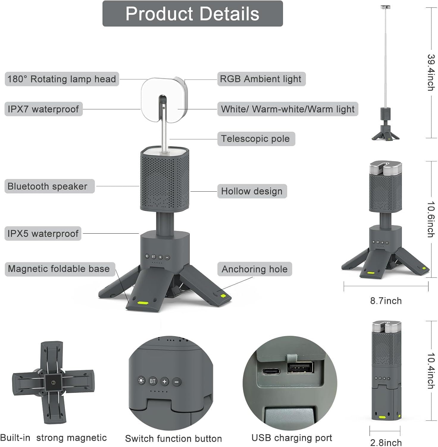 14000mAh Rechargeable Telescopic Camping Lantern with Bluetooth Speaker | Traverseon