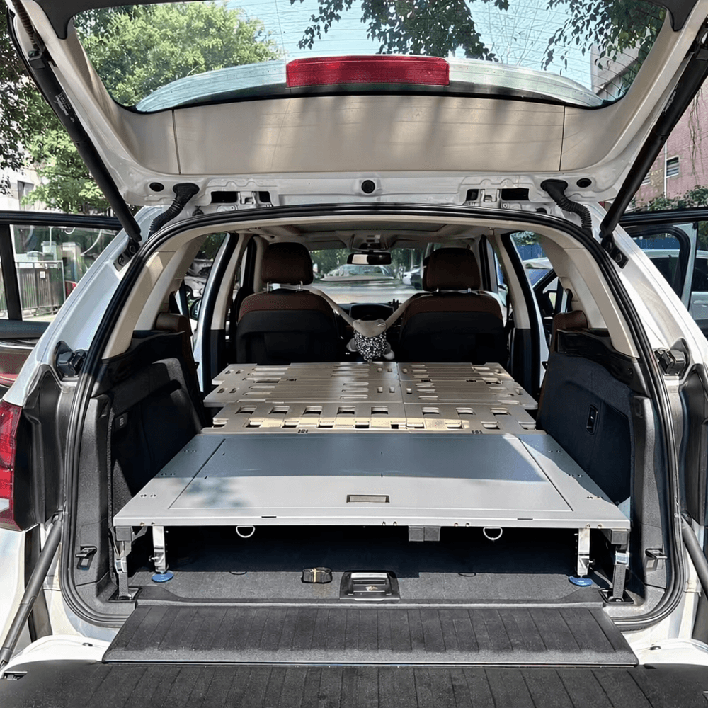 Professional drawer system for SUV featuring extensive slide-out kitchen and storage
